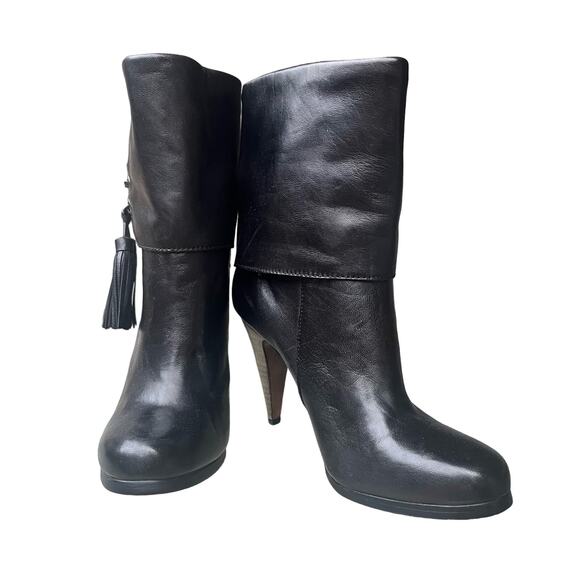 Coach Legra Black Soft Genuine Leather Fringe Tassel Heeled Midi Boots - Picture 4 of 10